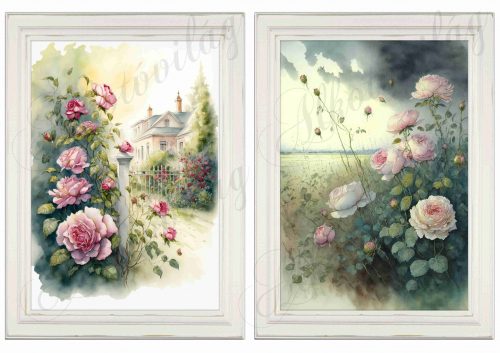 Akvarell stílusú képek keretben gyönyörű rózsákkal - 2db