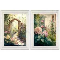   Akvarell stílusú képek keretben gyönyörű rózsákkal, kapuval - 2db