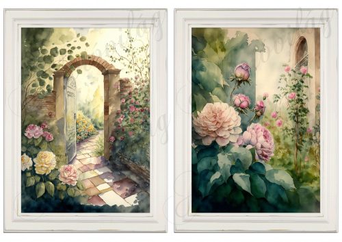 Akvarell stílusú képek keretben gyönyörű rózsákkal, kapuval - 2db
