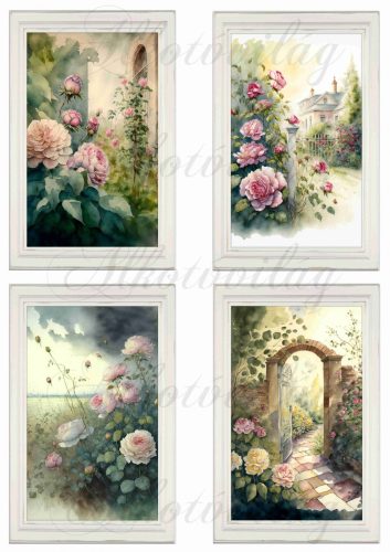 Akvarell stílusú képek keretben gyönyörű rózsákkal