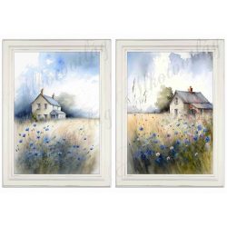   Akvarell stílusú képek keretben házakkal, kék virágokkal - 2db