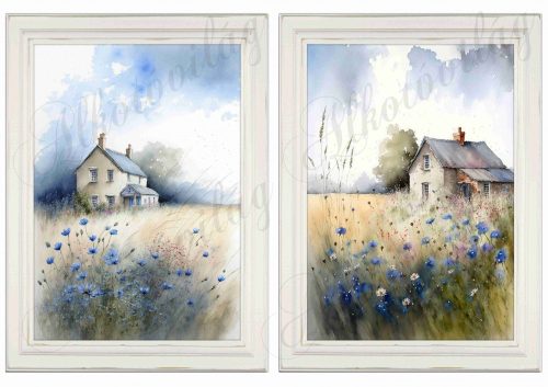 Akvarell stílusú képek keretben házakkal, kék virágokkal - 2db