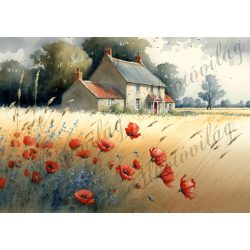   Akvarell stílusú festmény kis házzal, pipacsokkal, búzavirággal