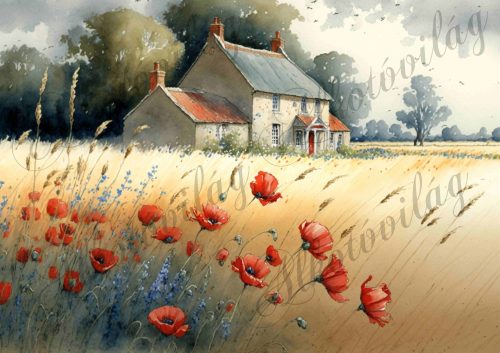 Akvarell stílusú festmény kis házzal, pipacsokkal, búzavirággal