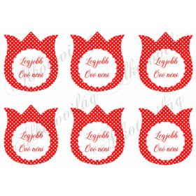   Tulipánok piros alapon fehér pöttyökkel - LEGJOBB ÓVÓ NÉNI felirattal