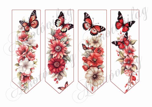 Könyvjelzők bordós virágokkal és pillangókkal - 16,5 x 5,5 cm