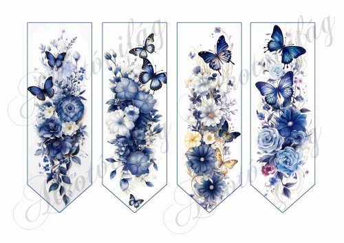 Könyvjelzők kékes virágokkal és pillangókkal - 16,5 x 5,5 cm