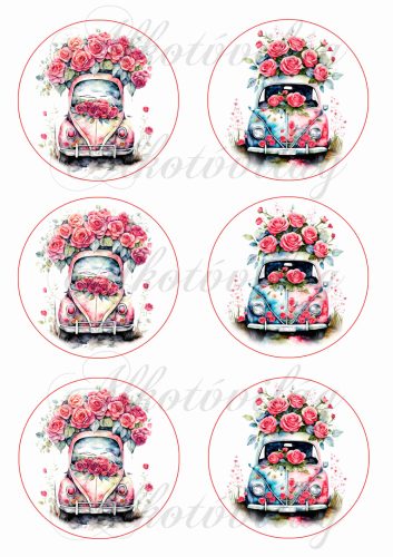 Volkswagen beetle autók rózsákkal, virágokkal - 8,5 cm körökben