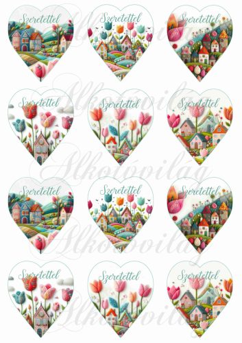  6,5 cm magas szívek csodás tulipánokkal és házikókkal gyapjú utánzatú struktúrával - SZERETETTEL felirattal