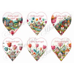    9 cm magas szívek csodás tulipánokkal és házikókkal gyapjú utánzatú struktúrával - BOLDOG ANYÁK NAPJÁT felirattal