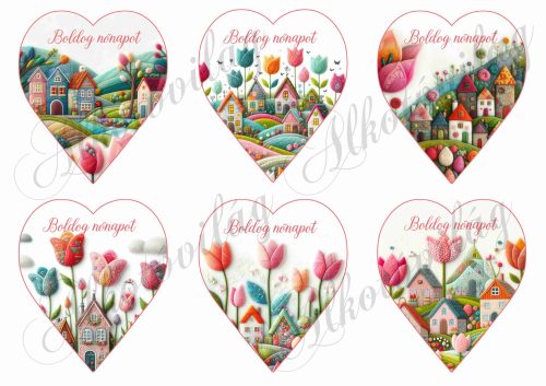  9 cm magas szívek csodás tulipánokkal és házikókkal gyapjú utánzatú struktúrával - BOLDOG NŐNAPOT felirattal