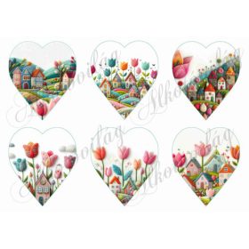    9 cm magas szívek csodás tulipánokkal és házikókkal gyapjú utánzatú struktúrával - FELIRATOZHATÓ