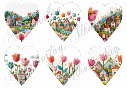  9 cm magas szívek csodás tulipánokkal és házikókkal gyapjú utánzatú struktúrával - FELIRATOZHATÓ