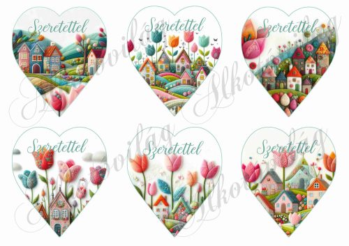  9 cm magas szívek csodás tulipánokkal és házikókkal gyapjú utánzatú struktúrával - SZERETETTEL felirattal