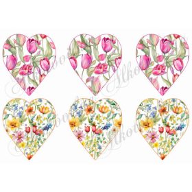 Tulipános és tavaszi virágos szívek - 9 cm