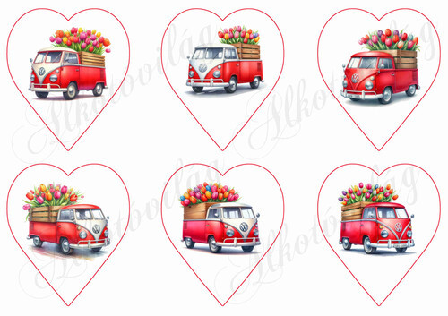 Szívek tulipánokat szállító volkswagen buszokkal - 9 cm