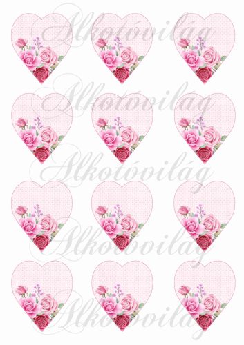 Rózsaszín árnyalatú szívek rózsákkal - 6 cm magas