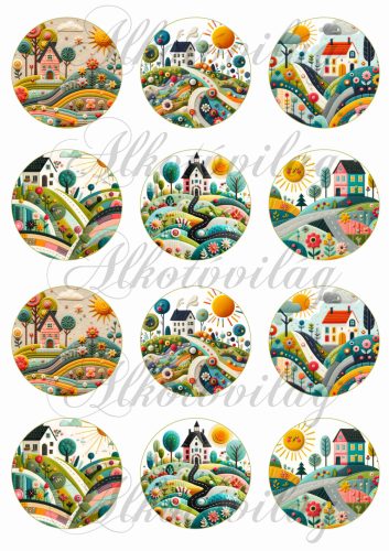 Mesés tájak házakkal, színes virágokkal patchwork stílusban - 5 cm