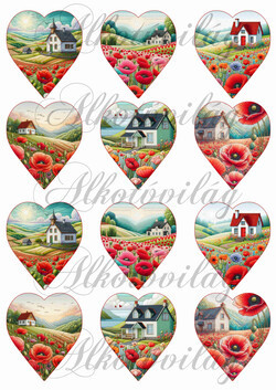 Pipacsos szívek patchwork stílusú tájakkal 2 - 6,5 cm magas