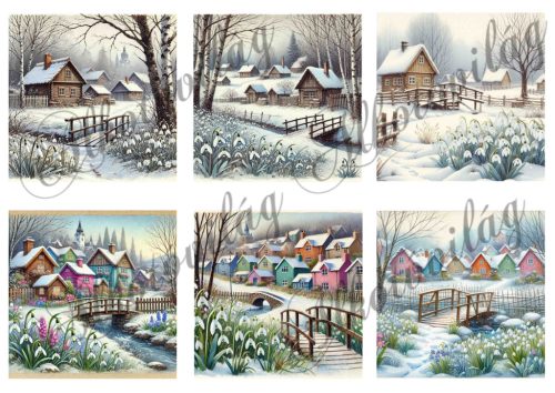 Téli tájak színes és barna házakkal, hóvirágokkal - 9 x 9 cm-es négyzeteken