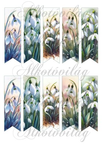 Könyvjelzők akvarell festett hóvirágokkal zöldes árnyalatban 12 x 3,5 cm
