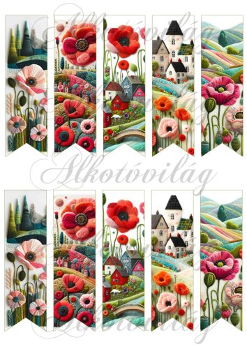 Könyvjelzők patchwork stílusban pipacsokkal, házakkal 12 x 3,5 cm