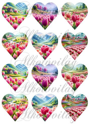 6,5 cm magas szívek pink-rózsaszín tulipános tájjal patchwork stílusban, gyapjú textúrával