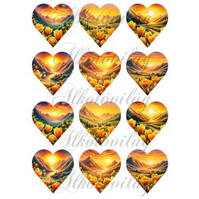   6,5 cm magas szívek sárgás tulipános tájjal patchwork stílusban