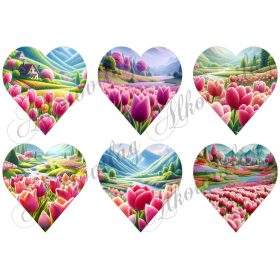   9 cm magas szívek pink-rózsaszín tulipános tájjal patchwork stílusban, gyapjú textúrával