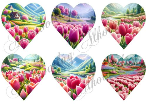9 cm magas szívek pink-rózsaszín tulipános tájjal patchwork stílusban, gyapjú textúrával