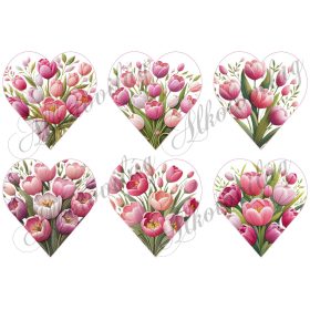   9 cm magas szívek rózsaszín árnyalatú tulipáncsokrokkal, hímzett textúrával