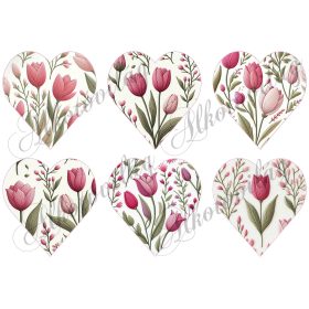   9 cm magas szívek rózsaszín árnyalatú tulipánokkal, hímzett textúrával
