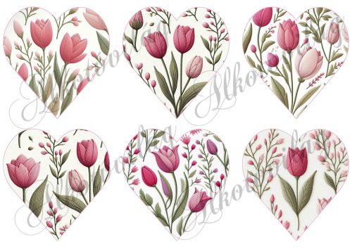 9 cm magas szívek rózsaszín árnyalatú tulipánokkal, hímzett textúrával