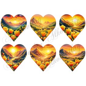   9 cm magas szívek sárgás tulipános tájjal patchwork stílusban