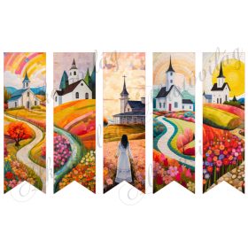   Könyvjelzők színes tájakkal, virágokkal, templommal patchwork stílusban 17 X 5 cm