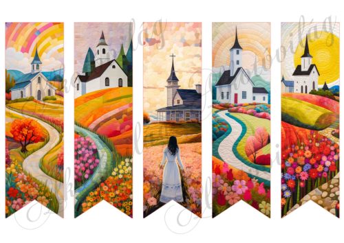 Könyvjelzők színes tájakkal, virágokkal, templommal patchwork stílusban 17 X 5 cm