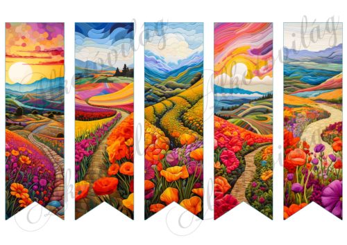 Könyvjelzők élénk színű tájakkal, virágokkal patchwork stílusban 17 X 5 cm