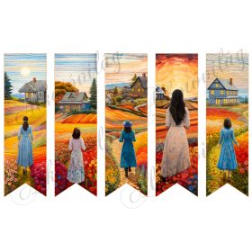   Könyvjelzők élénk színű tájakkal, virágokkal, hölgyekkel patchwork stílusban 17 X 5 cm