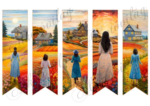 Könyvjelzők élénk színű tájakkal, virágokkal, hölgyekkel patchwork stílusban 17 X 5 cm