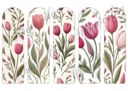 Íves könyvjelzők rózsaszín árnyalatú tulipánokkal, hímzett textúrával 17 X 5 cm
