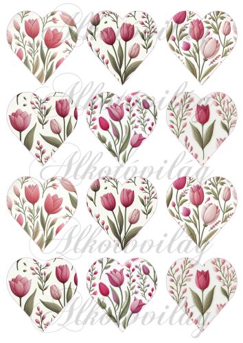 6,5 cm magas szívek rózsaszín árnyalatú tulipánokkal, hímzett textúrával
