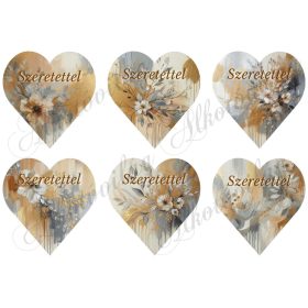   Csodás arany-barna festett kompozíció virágokkal, SZERETETTEL felirattal - 9 cm magas szíveken