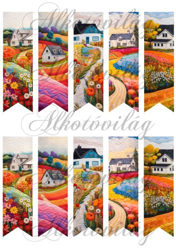 Könyvjelzők színes tájakkal, virágokkal patchwork stílusban 12 x 3,5 cm
