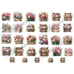 Rózsák fa ládákban vintage stílusban - kb. 3,8- 4,5 cm