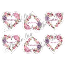   Szív koszorúk lila és rózsaszín árnyalatokban - SZERETETTEL felirattal- 9 cm magas