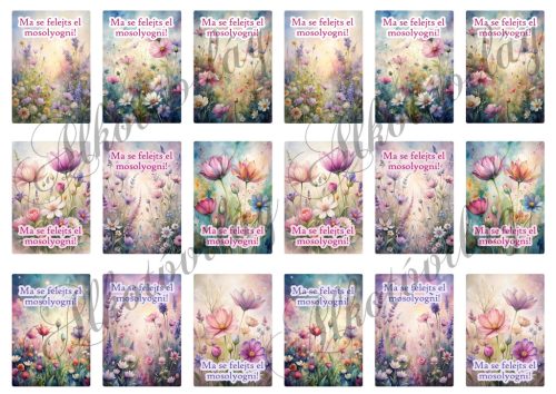 Virágos kártyák nosztalgikus hangulatban MA SE FELEJTS EL MOSOLYOGNI felirattal - 6 x 4 cm