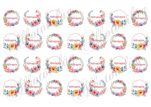 Virágkoszorúk - NŐNAPRA - nyomtatott betűs felirattal kb 3,5 cm átmérővel