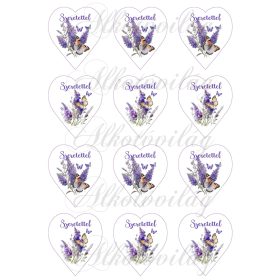 6,5 cm magas levendulás szívek - SZERETETTEL - FELIRATTAL