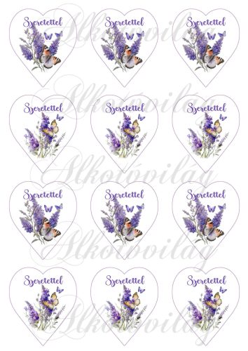 6,5 cm magas levendulás szívek - SZERETETTEL - FELIRATTAL