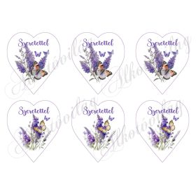 9 cm magas levendulás szívek - SZERETETTEL - FELIRATTAL